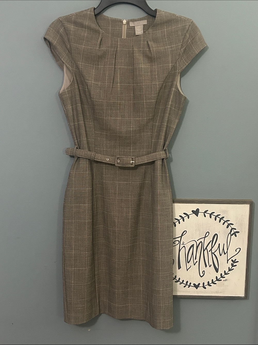 H&M Taupe Plaid Sheath Dress with Slim Belt